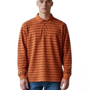 Jos. A. Banks Polo Orange Navy Stripe Long Sleeve 100% Cotton 3 Button 
Shirt XL